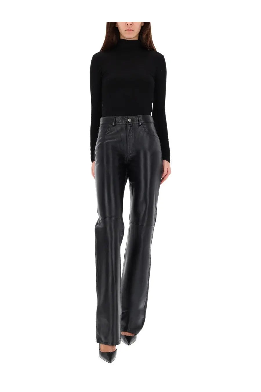 Haikure women’s star black leather pants with a sleek high-waisted flare design in black color