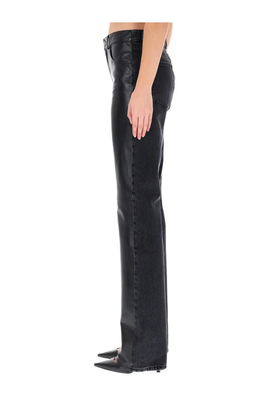 Haikure women’s star black denim and leather pants featuring black high waist leather-look flare jeans with subtle stitching