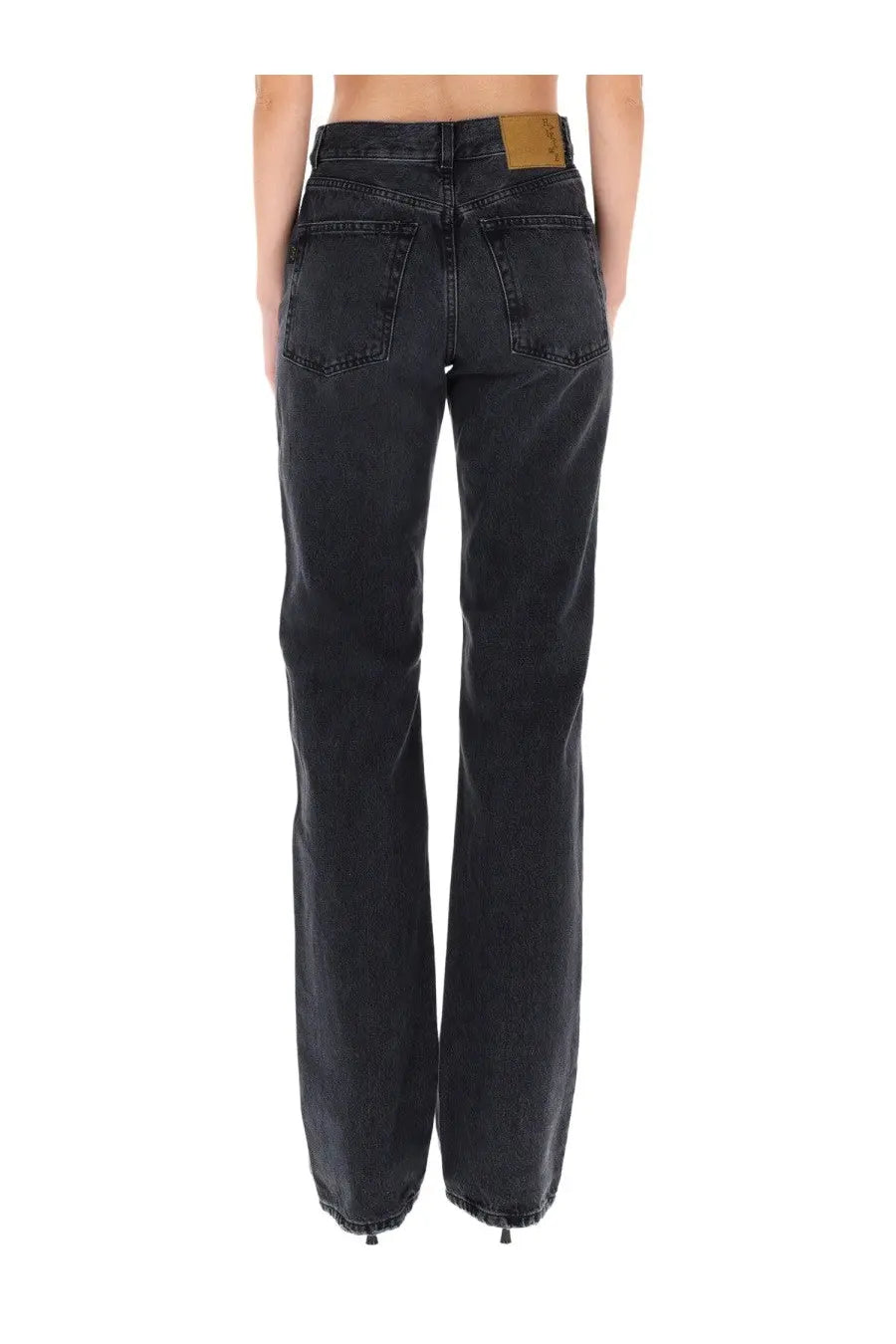 Haikure women’s star black wide-leg denim pants with faded wash and tan leather patch on waistband back view