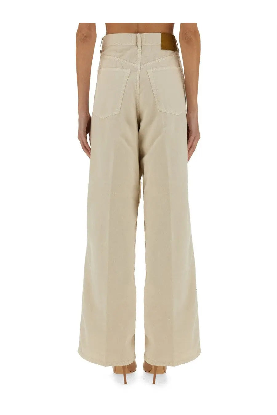 Beige haikure women’s wide leg jeans showing the back with high waist wide legs and brown leather brand patch