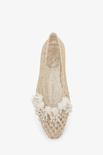 Heavenly Jelly womens demi pvc ballerinas gold shimmering flat shoe with glitter and white feather trim at the toe