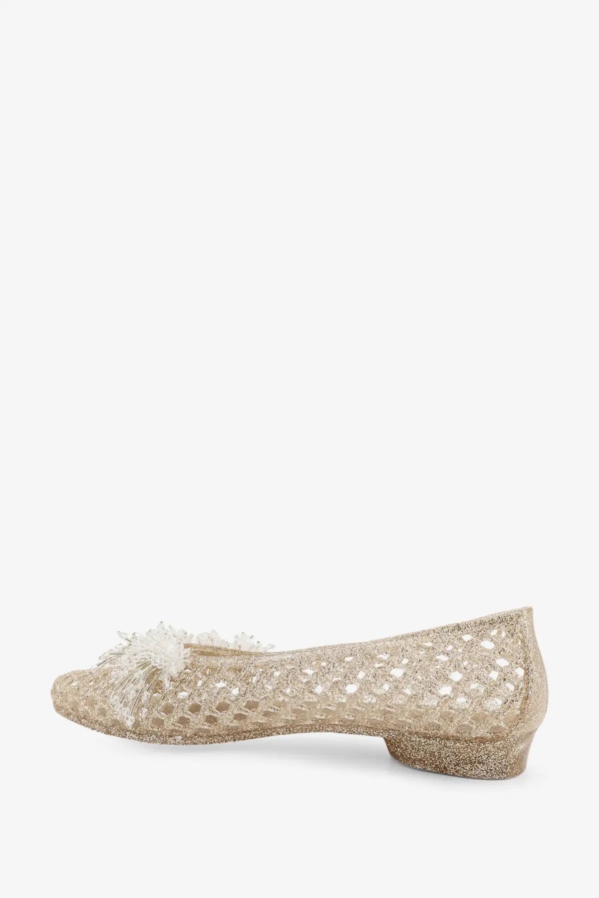Heavenly Jelly women’s demi pvc ballerinas in gold featuring a glittery mesh flat design with a white tassel at the toe