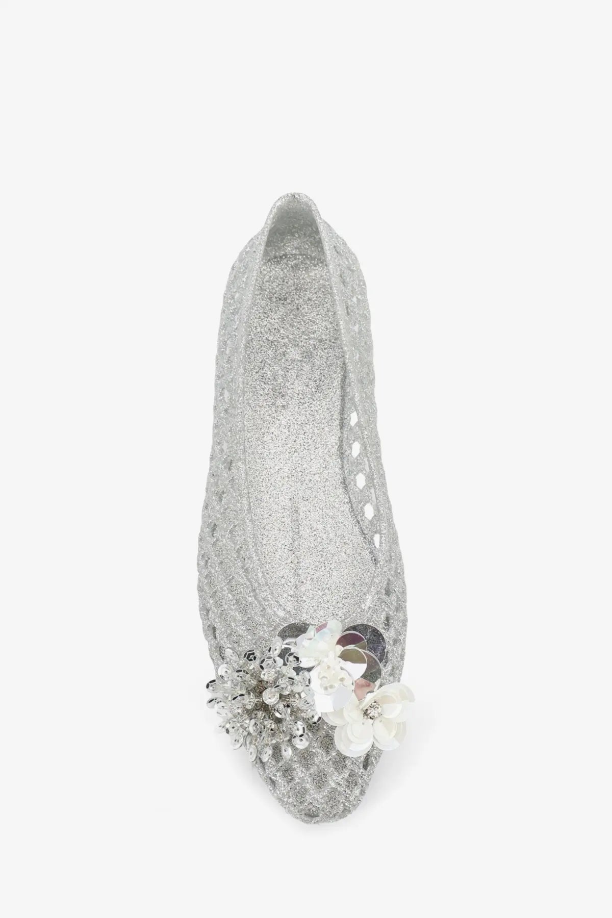 Heavenly Jelly women’s silver glitter PVC ballerina flat shoe with decorative floral embellishment at the toe