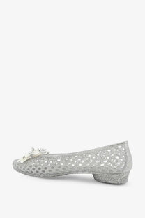 Heavenly Jelly women’s silver glittery mesh pvc ballerina with delicate white floral embellishment at the toe