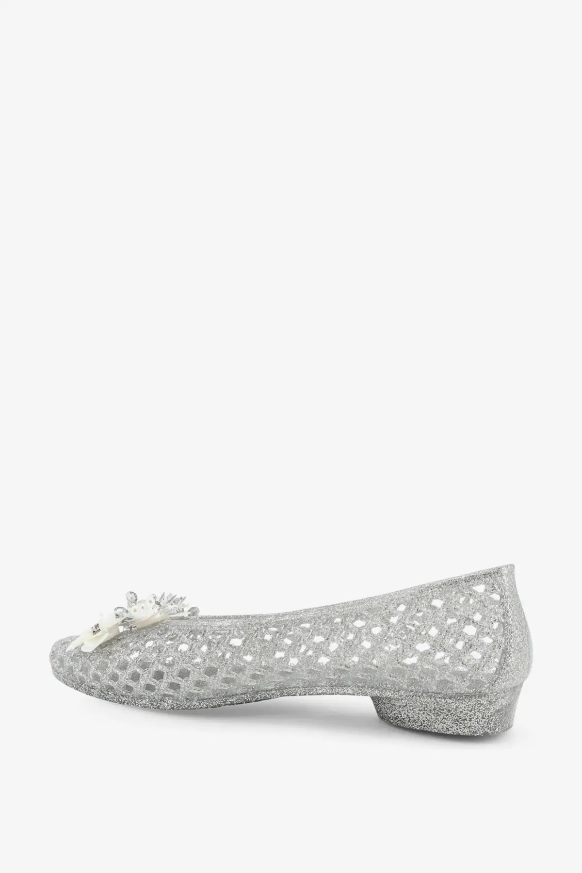 Heavenly jelly women’s glitter pvc ballerinas in silver with a silver glittery mesh and white floral embellishment