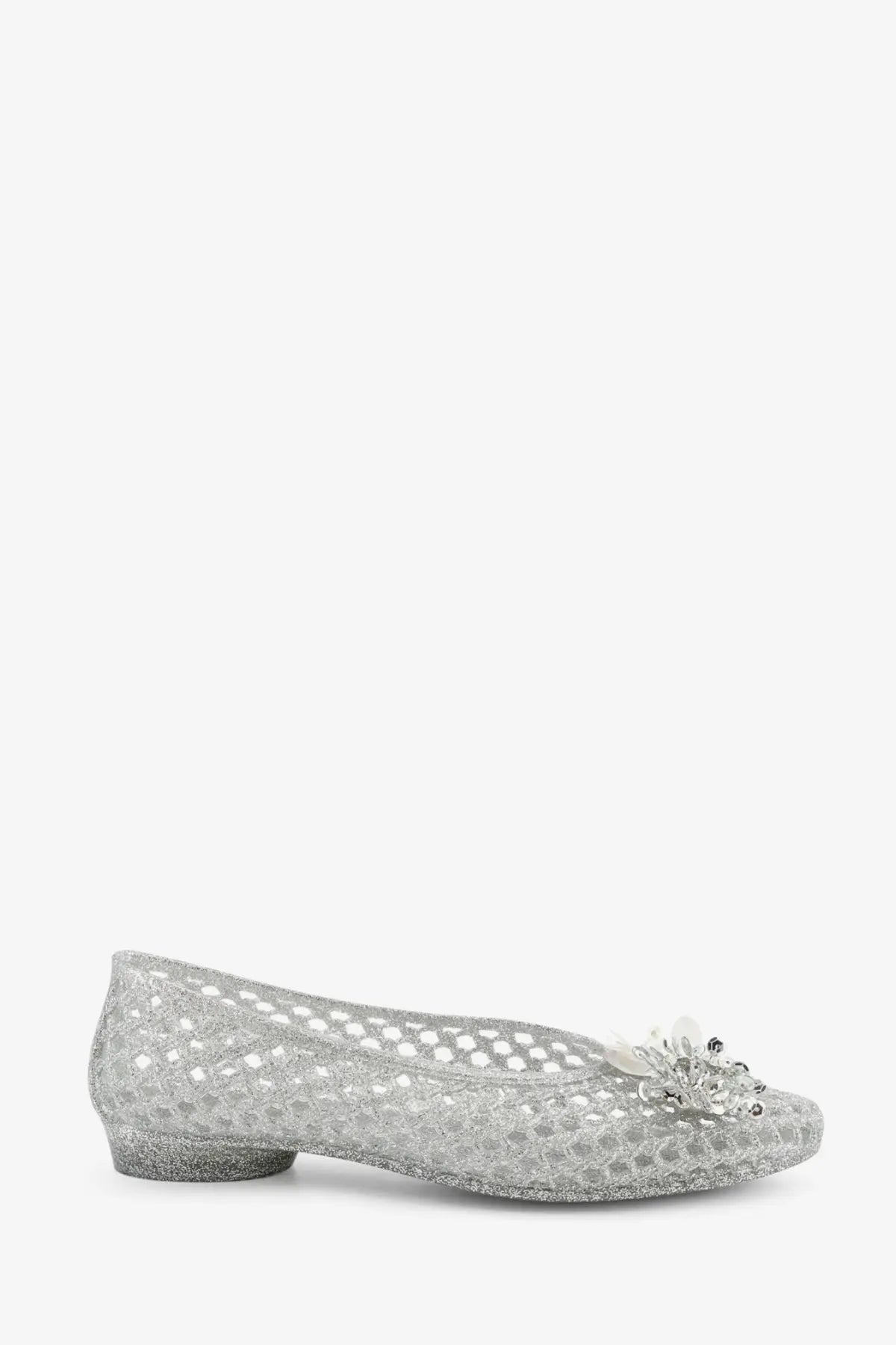 Heavenly Jelly women’s silver glittery mesh flat ballerina shoe with crystal and pearl toe embellishment