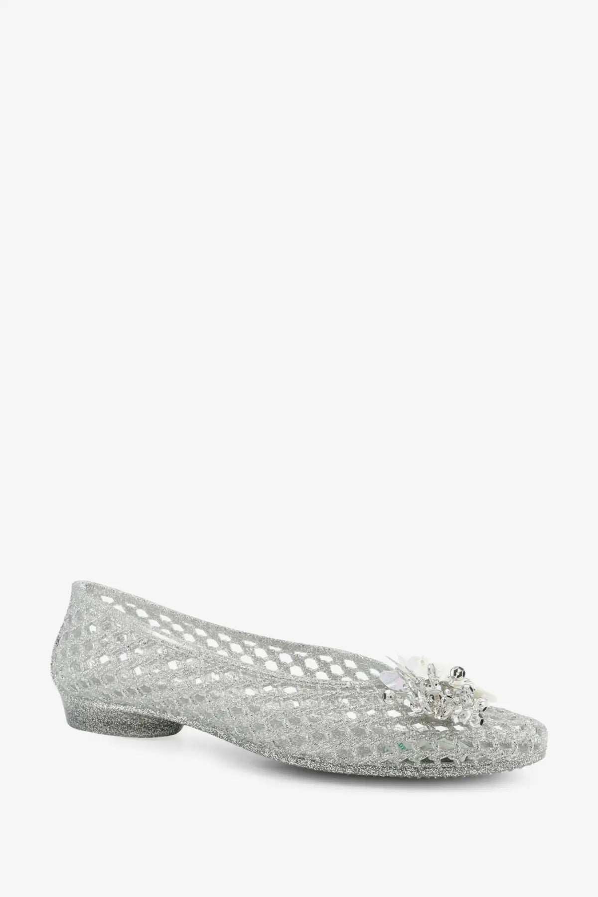 Heavenly jelly women’s glitter pvc ballerinas silver flat shoe with silver glittery mesh and floral toe embellishment