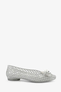 Heavenly jelly women’s silver glitter pvc ballerinas with mesh flat shoe and crystal pearl toe embellishment