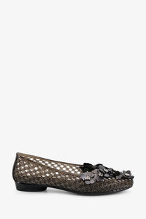 Heavenly jelly womens nova pvc ballerinas black dark brown mesh flat shoe with black floral embellishments