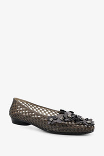 Dark brown woven flat shoe with black floral rhinestone embellishments from heavenly jelly women’s nova pvc ballerinas black