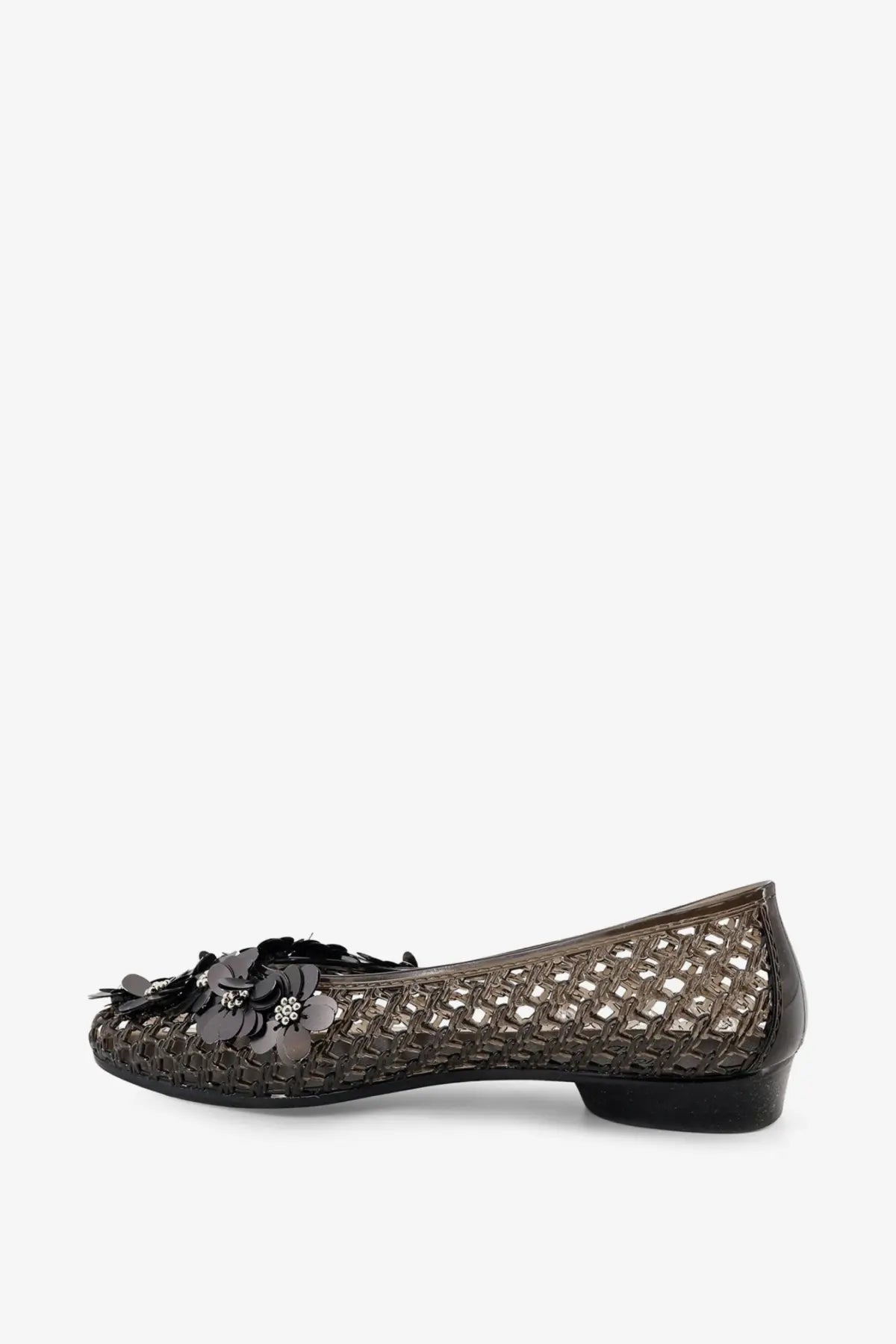 Heavenly jelly women’s nova pvc ballerinas black featuring dark brown woven flat shoe with black floral embellishment on toe