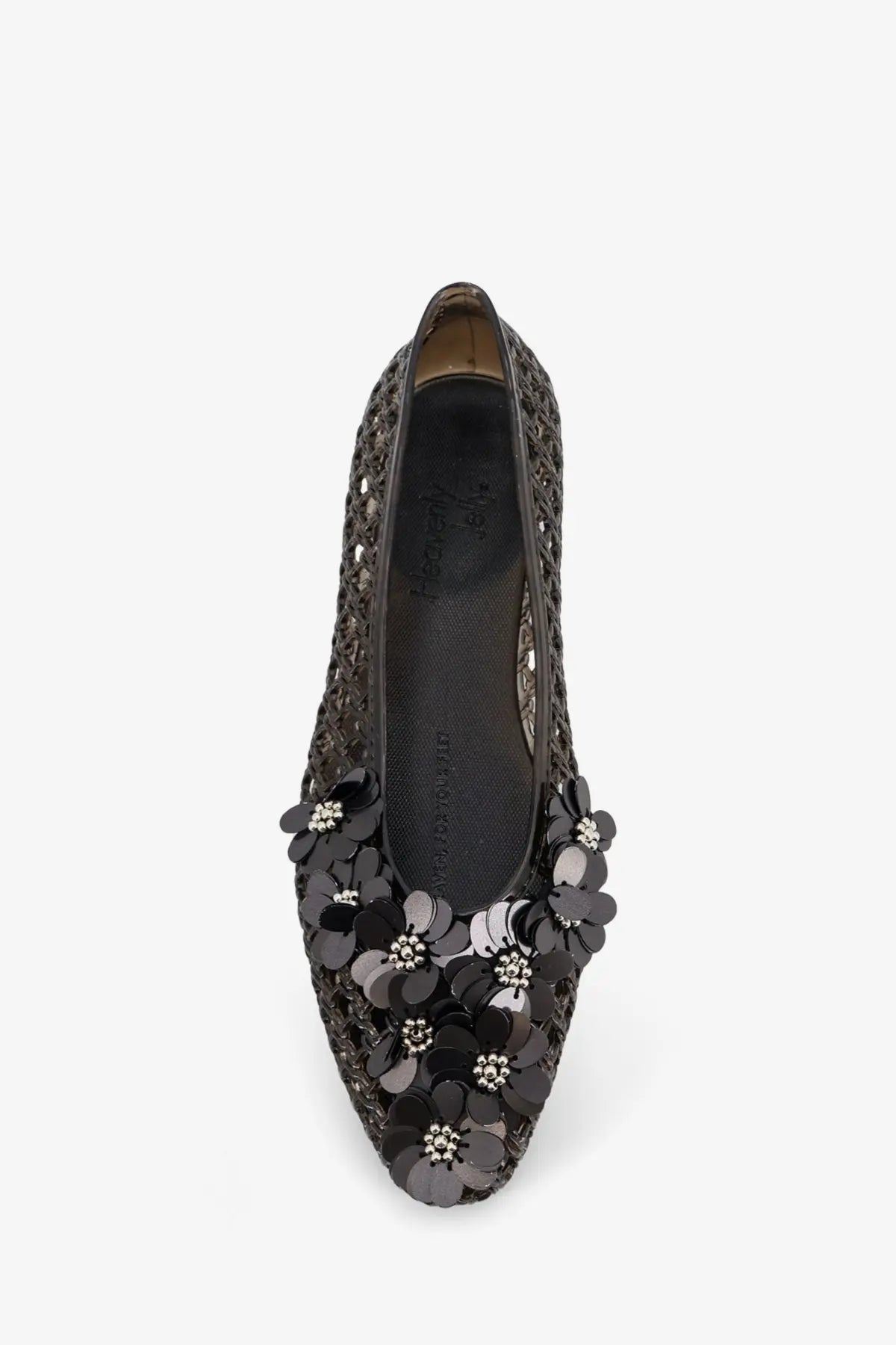 Heavenly Jelly women’s Nova pvc black woven flat ballerina shoe with sequined floral embellishments