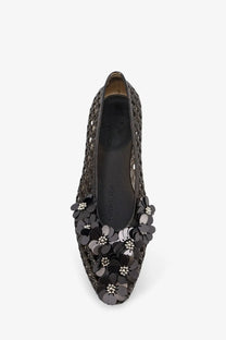 Heavenly Jelly women’s Nova pvc black woven flat ballerina shoe with sequined floral embellishments