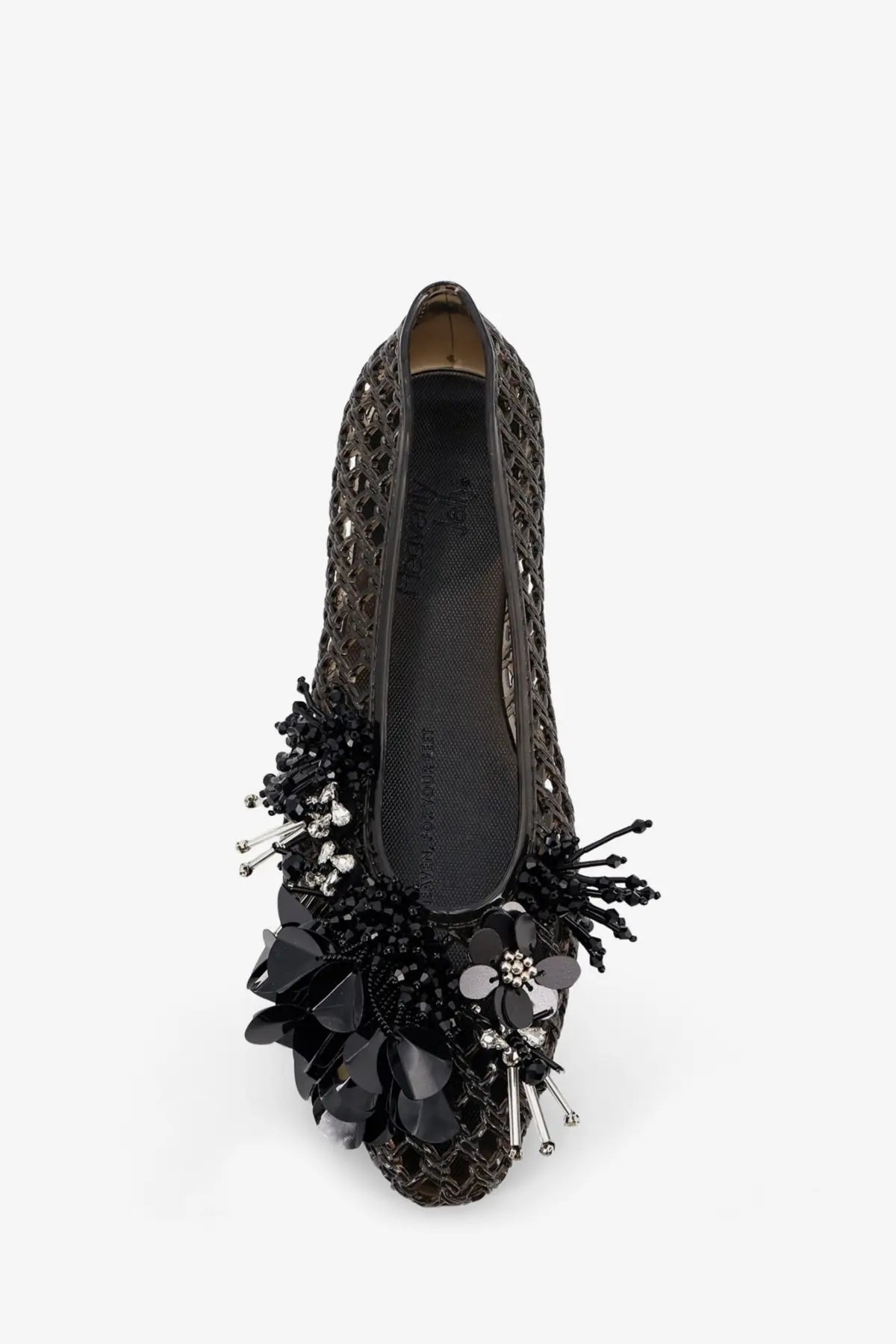 Heavenly Jelly women’s black pvc ballerinas flat shoes with intricate beaded floral design and metallic accents