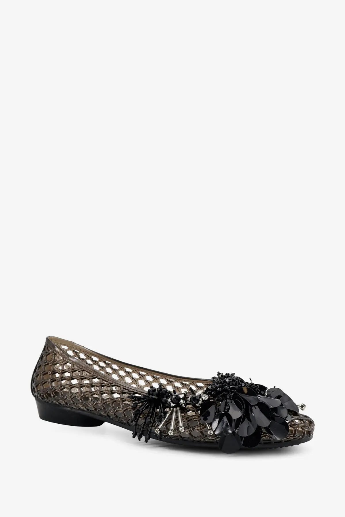Heavenly jelly women’s pvc ballerinas black flat shoe with black floral embellishments and metallic mesh upper