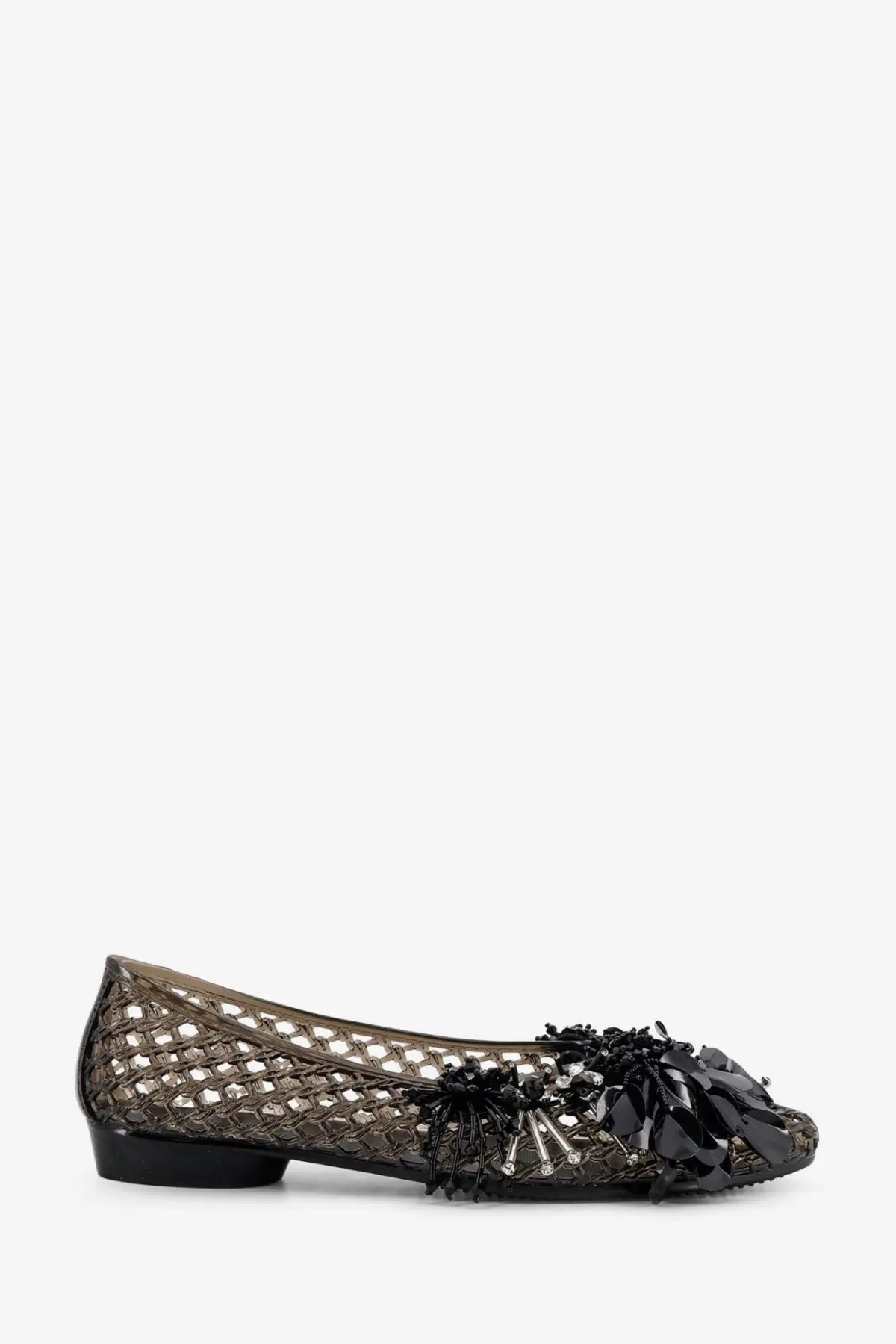 Heavenly jelly women’s black pvc ballerinas with black mesh and floral embellishment on the toe