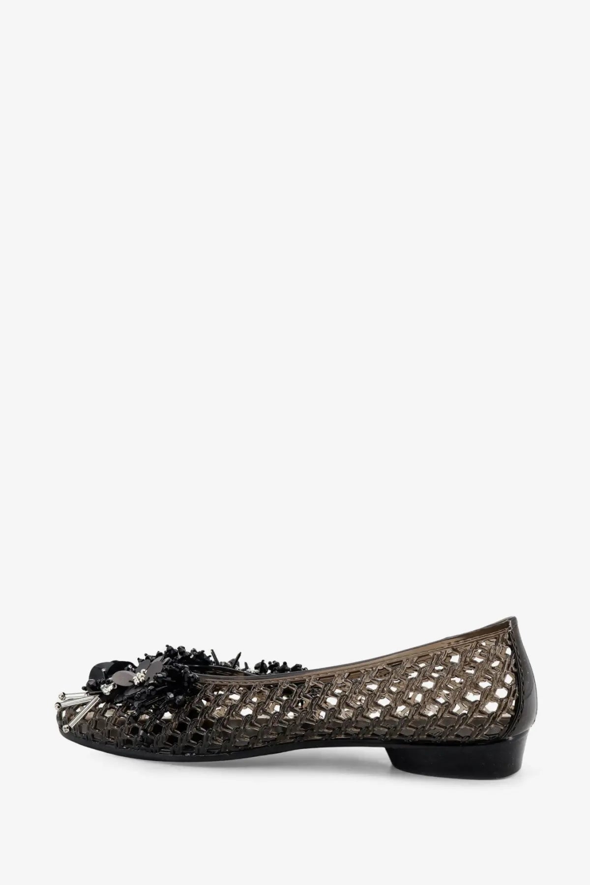 Heavenly jelly women’s pvc ballerinas in black with silver mesh and decorative bow at the toe flat shoe