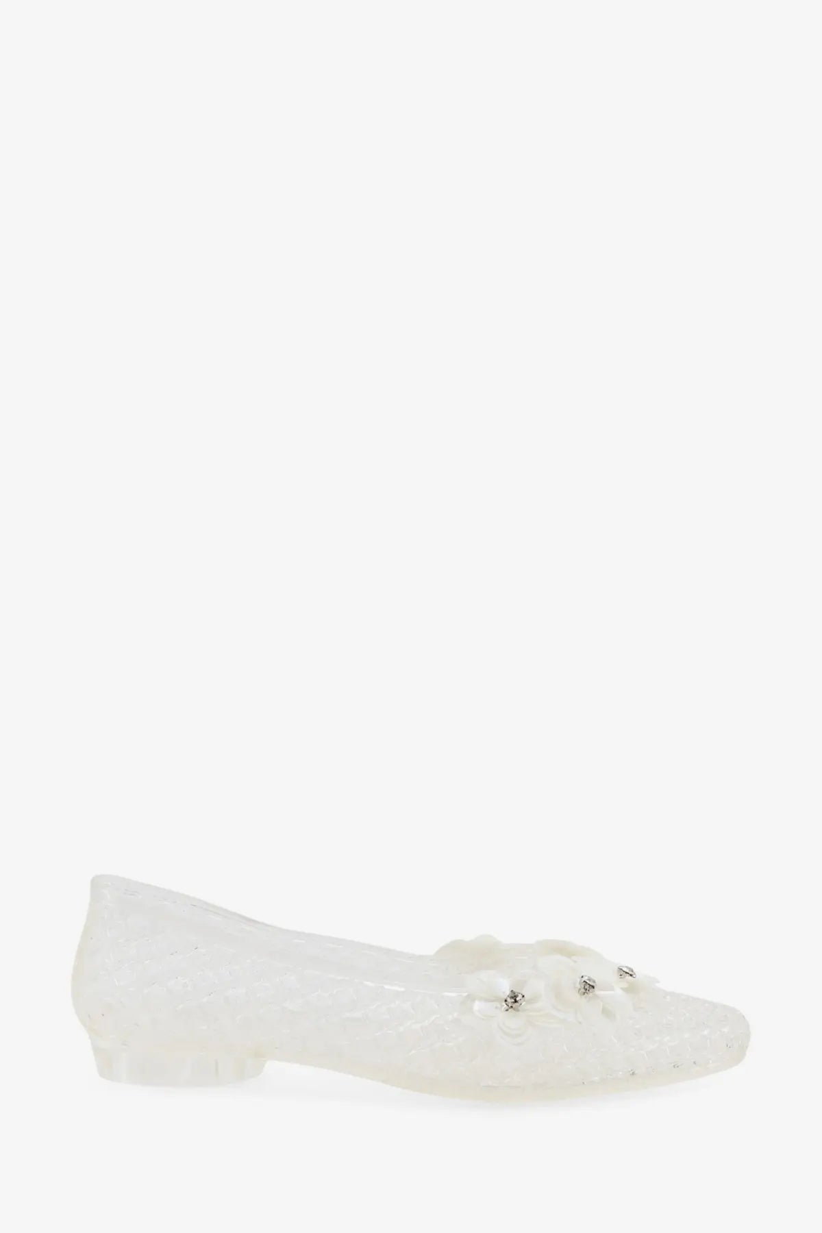 Heavenly jelly women’s clear pvc ballerinas with transparent white jelly flat shoe and floral rhinestone embellishments