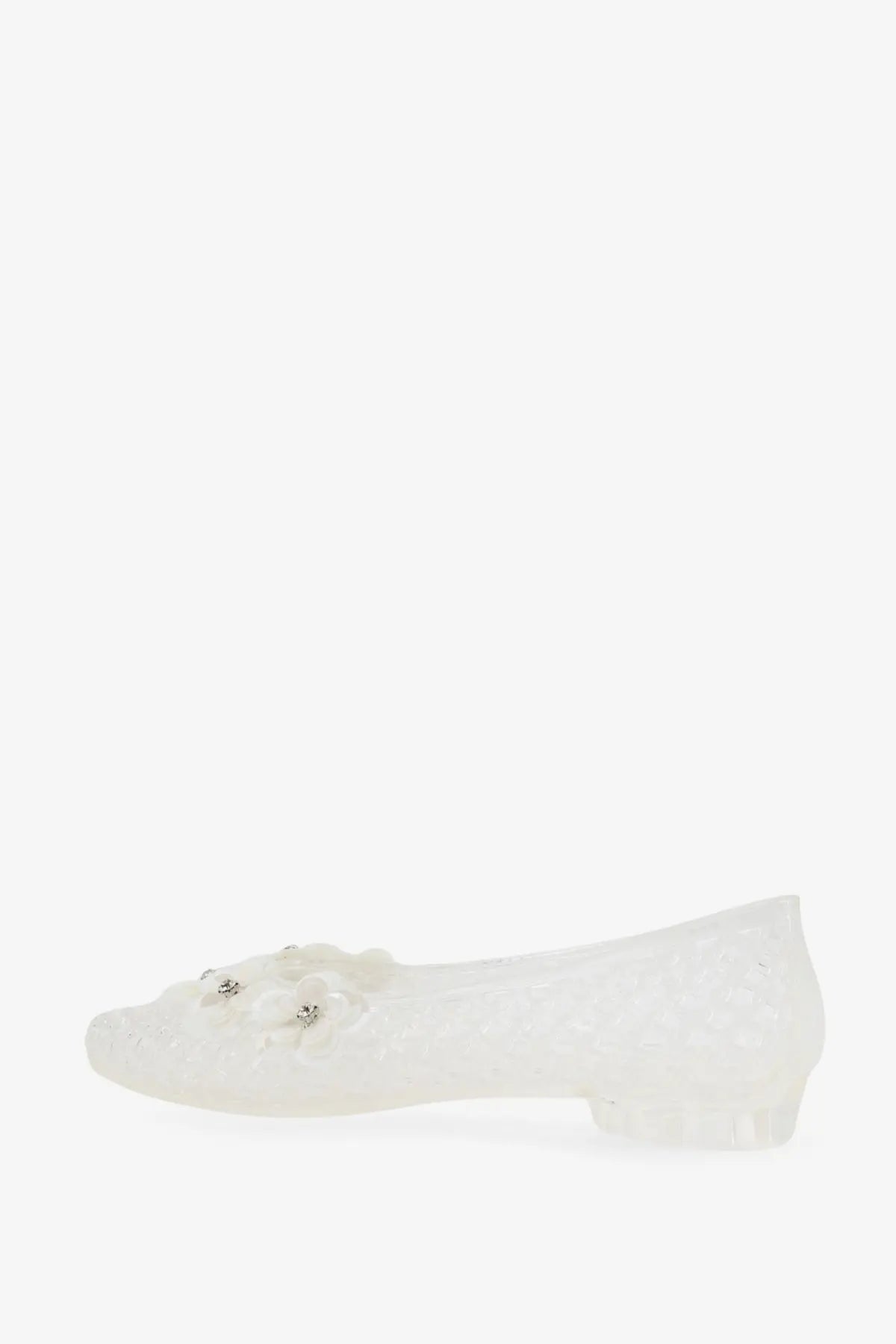 Heavenly jelly women’s pvc clear ballerina flat shoe with white lace detailing and floral silver rhinestone embellishment