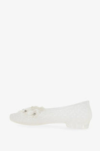 Heavenly jelly women’s clear pvc ballerinas with white translucent jelly material lace detailing and floral rhinestone embellishment