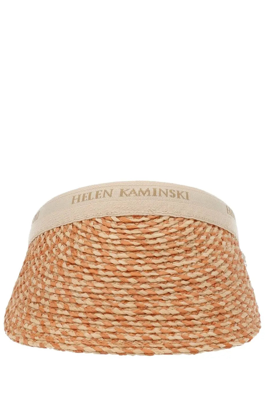 Beige and orange woven straw visor with fabric band and helen kaminski logo for women cappello bianca beige