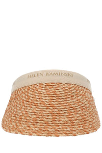 Beige and orange woven straw visor with fabric band and helen kaminski logo for women cappello bianca beige