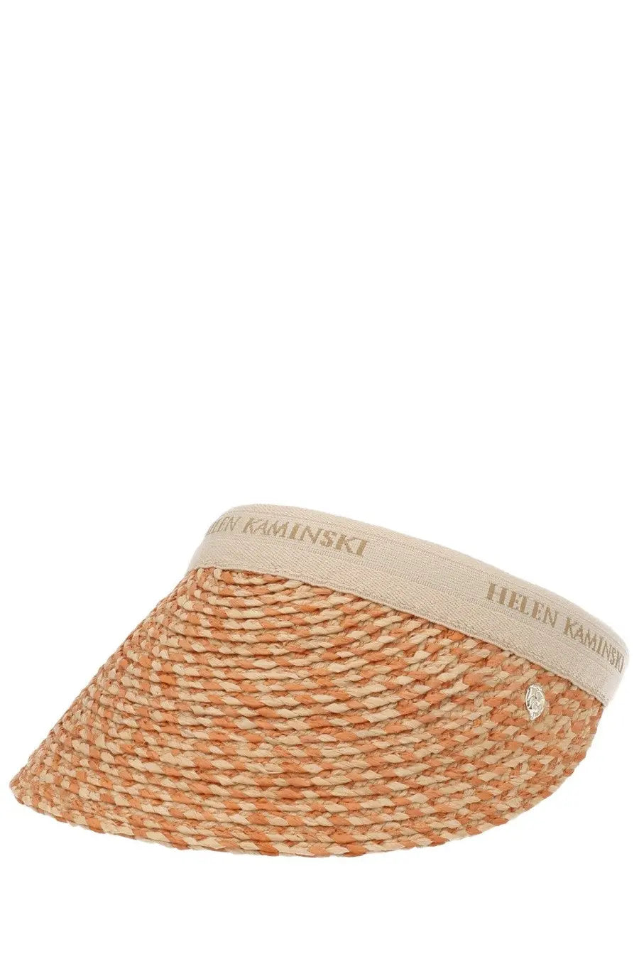 Beige woven straw visor with subtle texture and helen kaminski embroidered on the elastic band for women