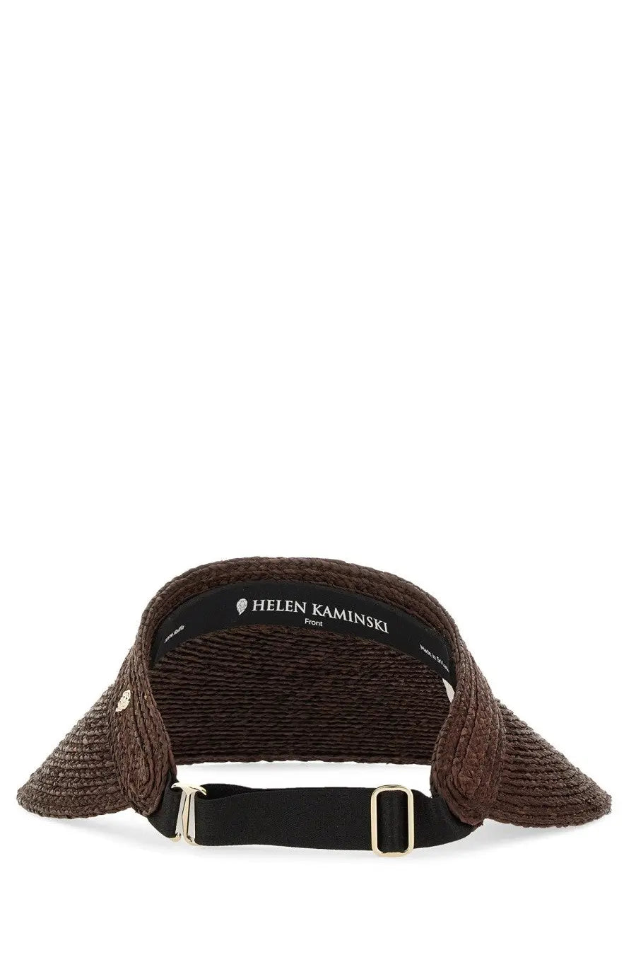 Brown woven straw visor with black adjustable strap and gold-tone buckle from helen kaminski women’s hat kirsten