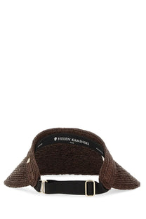 Brown woven straw visor with black adjustable strap and gold-tone buckle from helen kaminski women’s hat kirsten