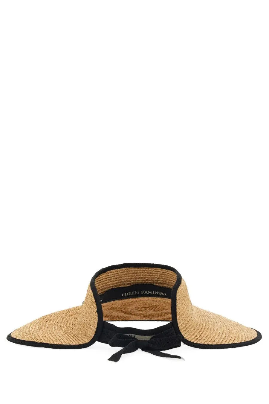 Back view of helen kaminski women’s never beige straw sun visor with black trim and tied bow at the back