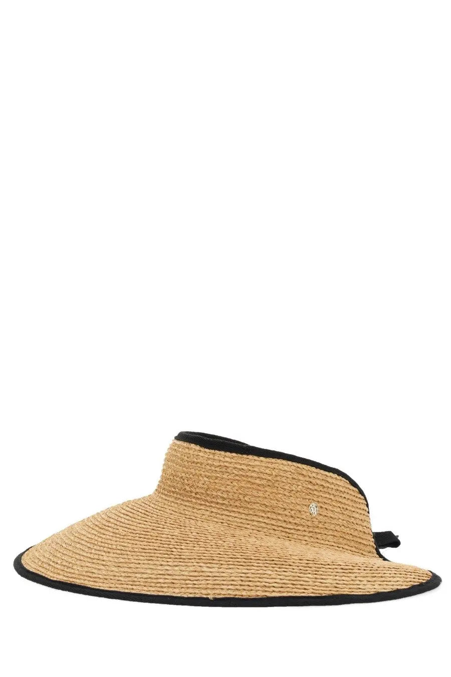 Helen Kaminski women’s beige straw visor with black trim and small silver logo on the side