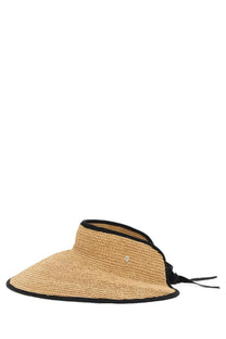 Helen Kaminski women’s beige straw visor with black trim and small silver logo for sun protection