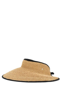 Beige straw visor with black trim and small silver logo on the side from helen kaminski women’s hat never beige collection