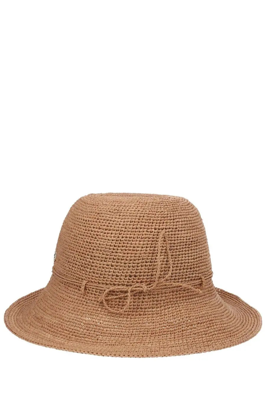 Beige woven straw bucket hat with tied ribbon band from helen kaminski womens villa hat collection