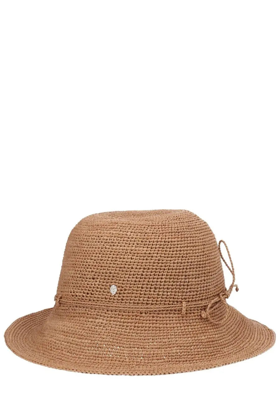 Beige woven straw Helen Kaminski women’s Villa hat with tied ribbon and decorative silver button detail