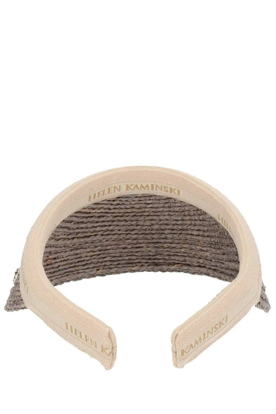 Beige woven visor hat with textured braided interior and helen kaminski embroidery on outer edge for women