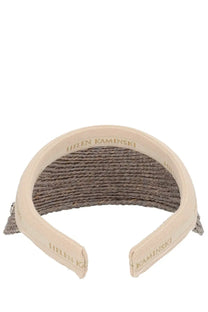 Beige woven visor hat with textured braided interior and helen kaminski embroidery on outer edge for women