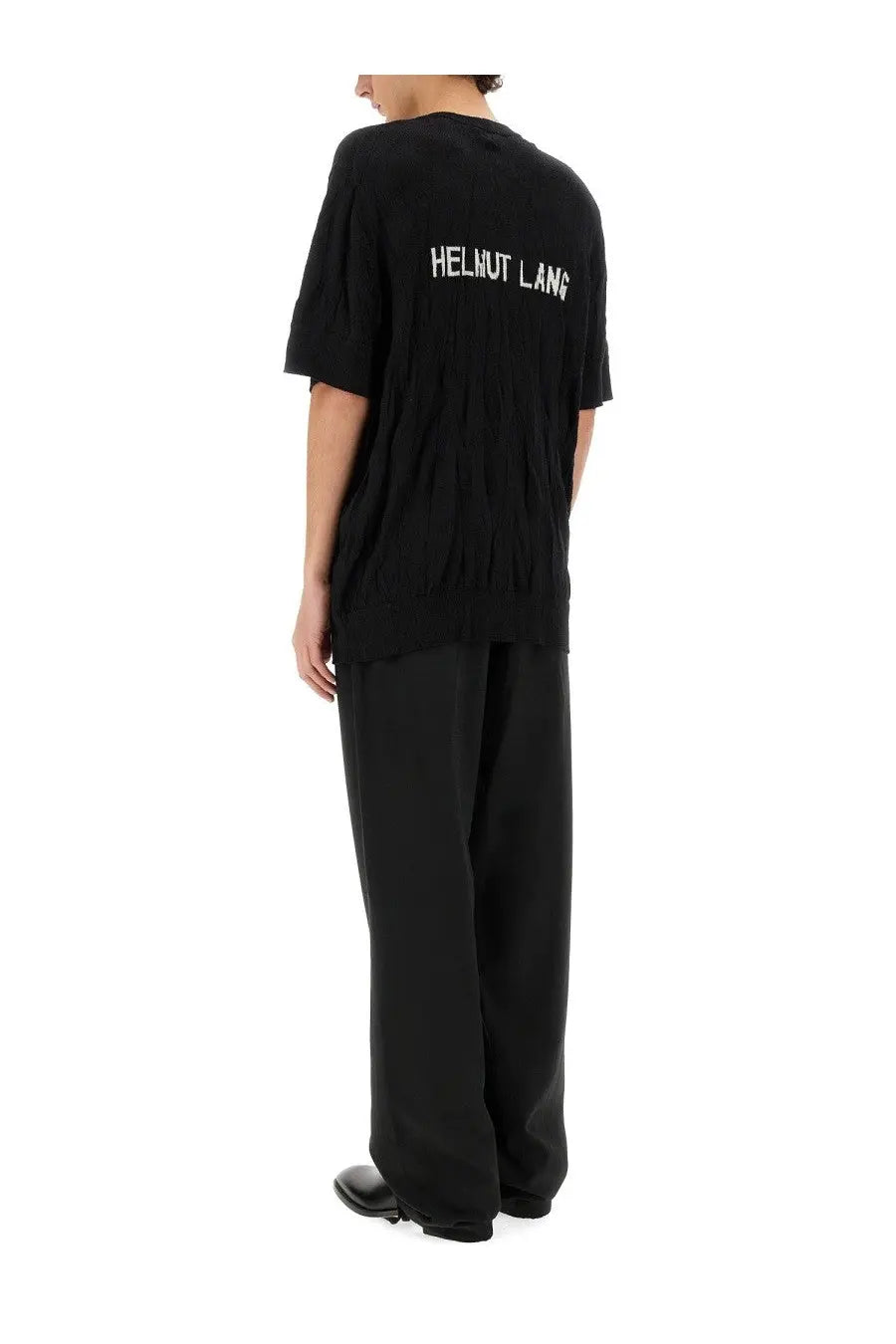 Back of helmut lang men’s crushed shirt black with white embroidered branding and textured ribbed knit design