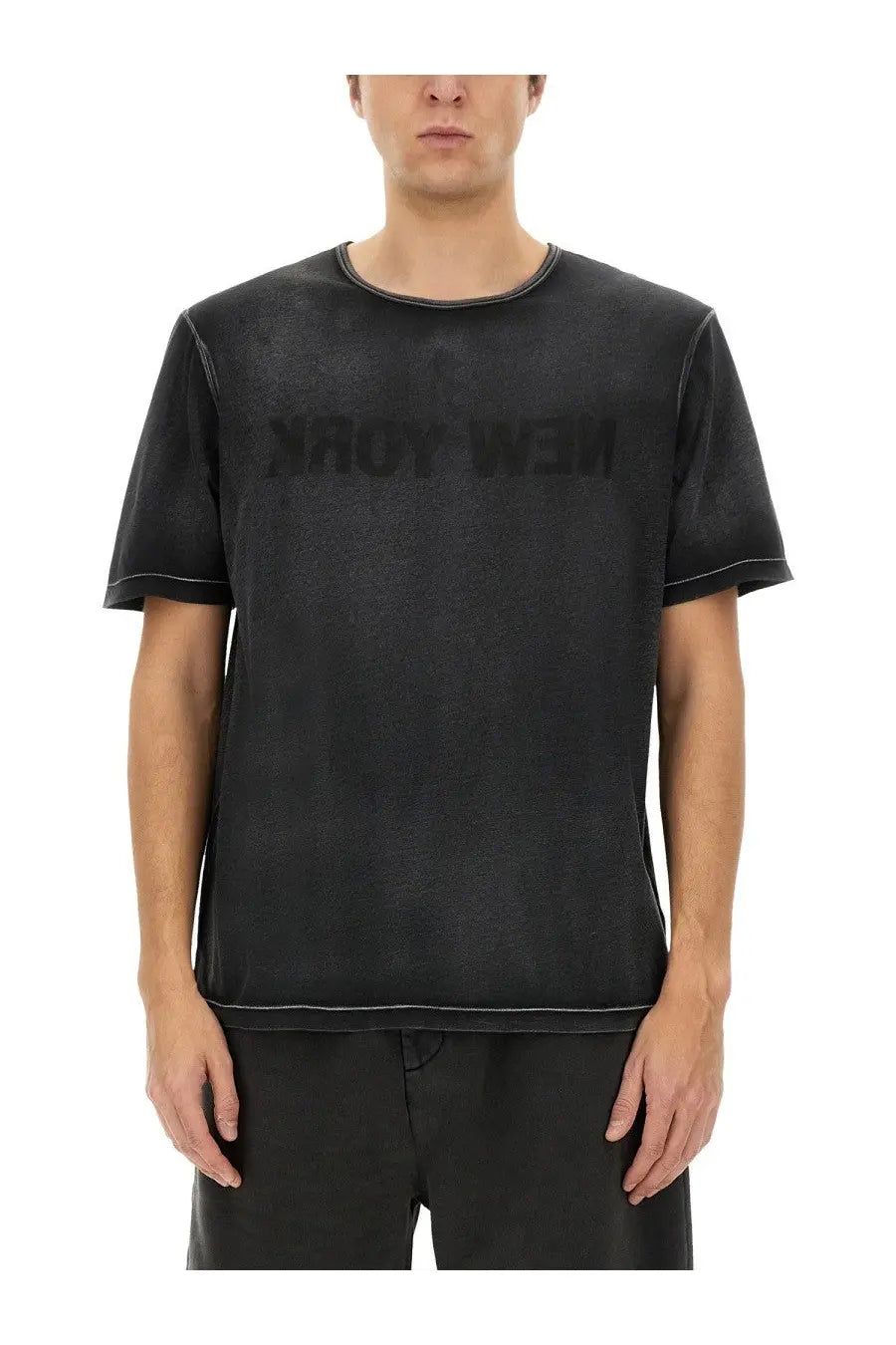 Helmut Lang men’s black distressed cotton t-shirt with garment dyed fabric and faded new york print across chest