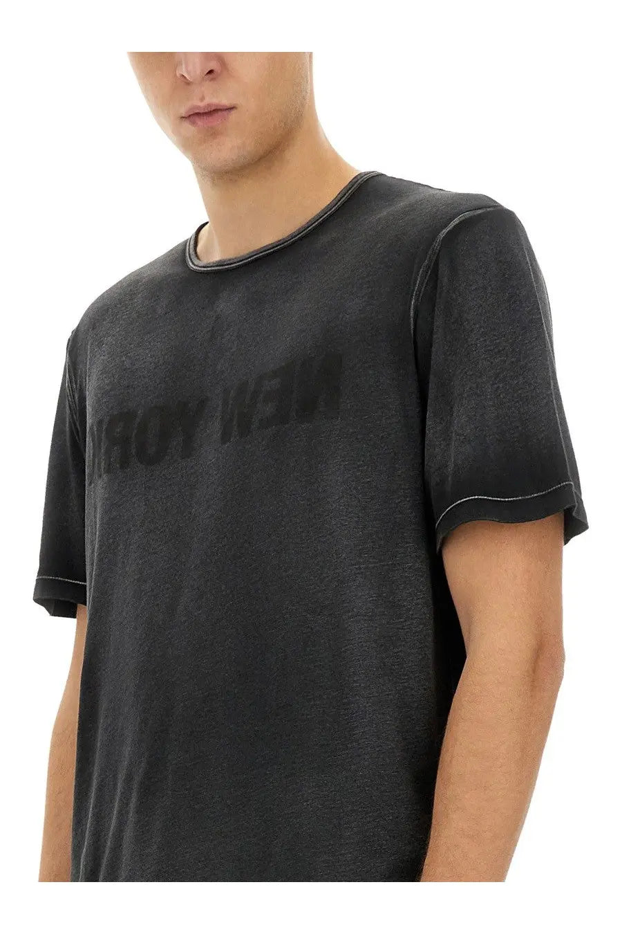 Helmut Lang men’s garment dyed black short-sleeved t-shirt with faded textured fabric and contrast stitching