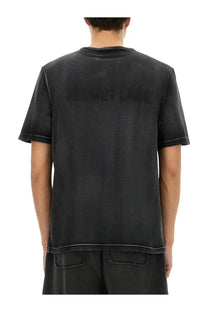 Helmut Lang men’s black short-sleeved garment dyed t-shirt with faded texture and subtle white stitching