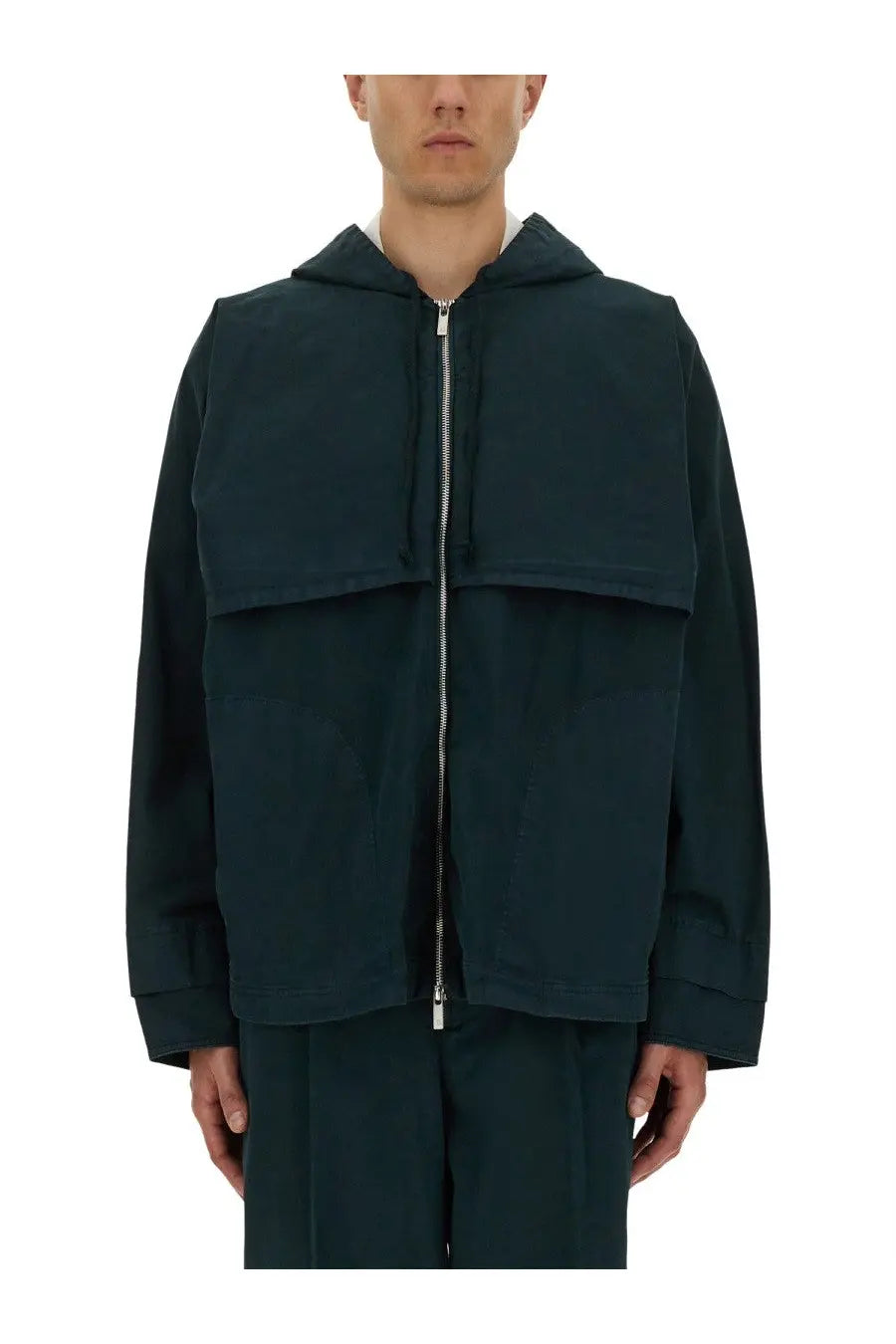 Dark green hooded windbreaker jacket by helmut lang with central zipper and two large flap pockets for men