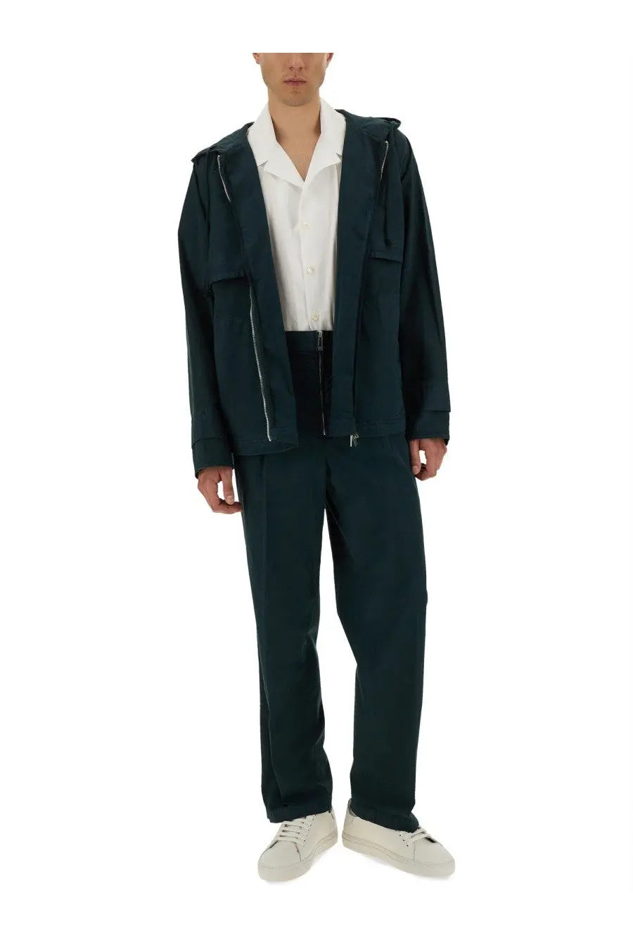 Helmut lang men’s hooded windbreaker in dark green with silver zippers and front pockets for lightweight protection