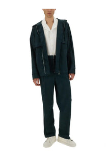 Helmut lang men’s hooded windbreaker in dark green with silver zippers and front pockets for lightweight protection