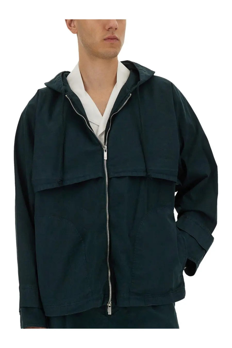 Helmut Lang men’s green hooded windbreaker with silver zipper and two front pockets made from lightweight material