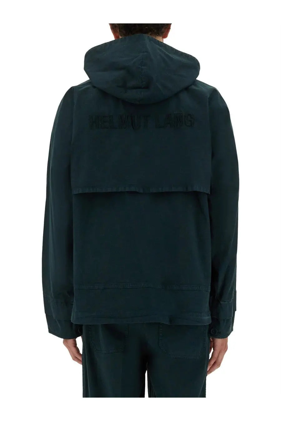 Back view of helmut lang men’s dark teal hooded windbreaker with tonal well of lug logo embroidered on back