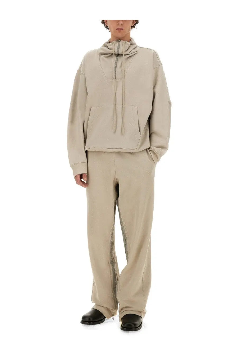 Beige helmut lang men’s hooded sweatshirt with front zipper and drawstring paired with matching wide-leg jogging pants gray