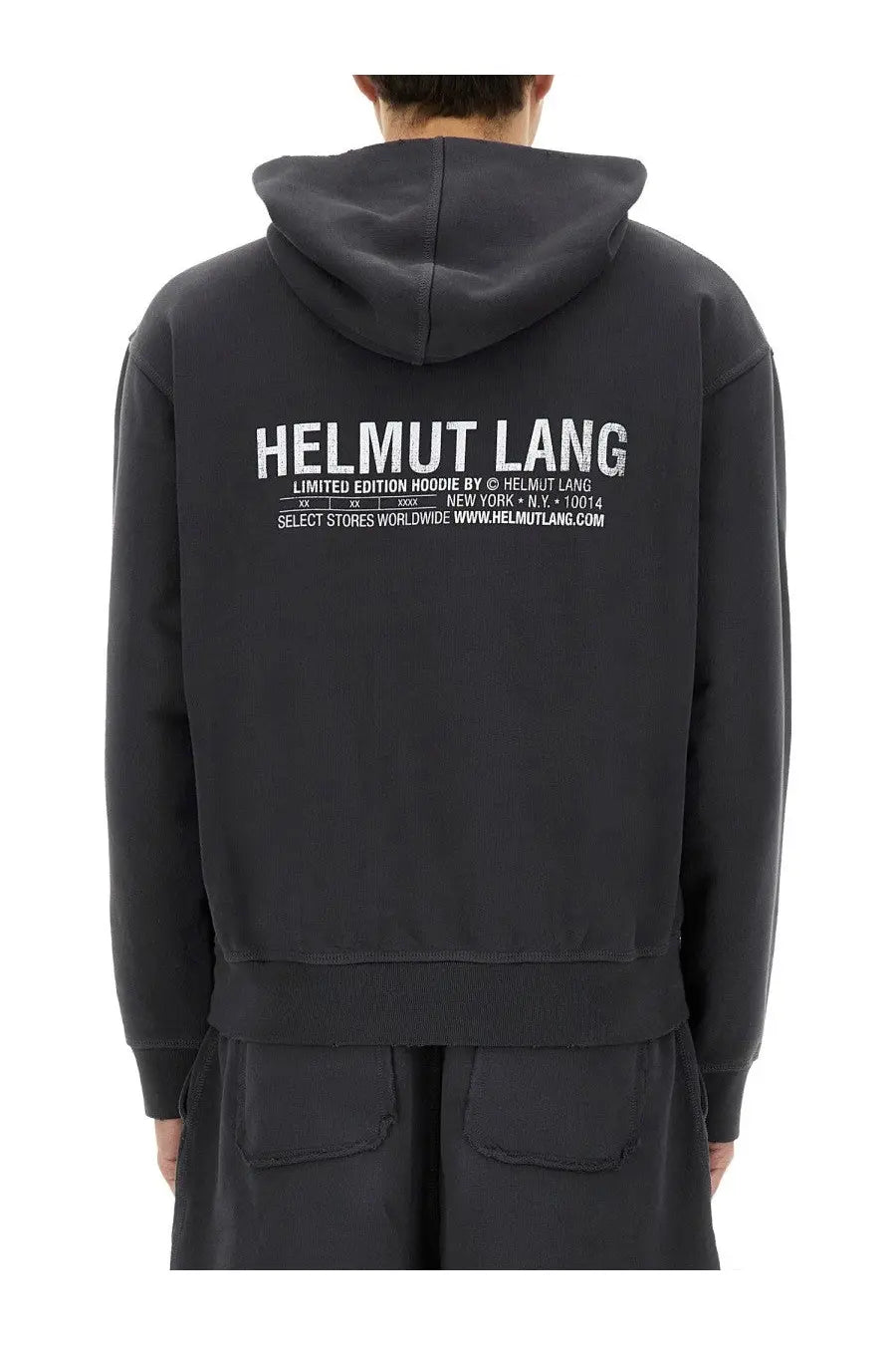 Dark gray helmut lang limited edition hoodie showing the back with bold white printed logo across the back
