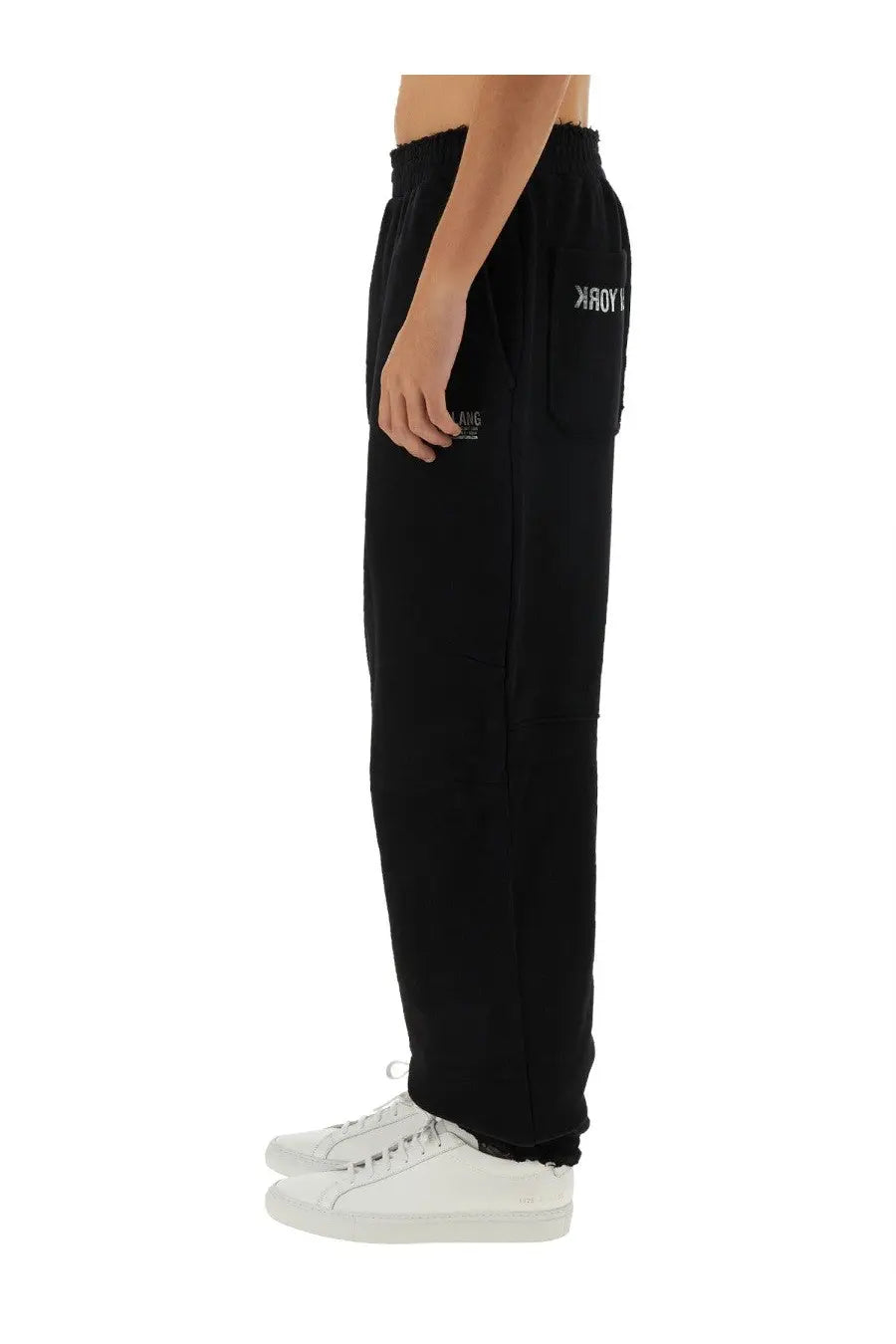 Helmut Lang men’s New York black sweatpants with drawstring waistband and white embroidered branding on side seam