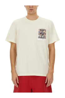 Helmut Lang men’s cream cotton t-shirt with square pocket print of urban building fire escapes white shirt